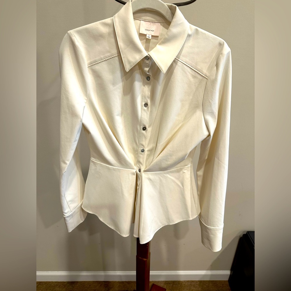 cinq a sept Cream Button-Down Gathered Front Blouse